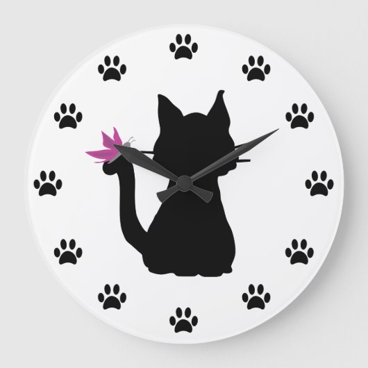 黒猫のシルエット ピンクの蝶 ラージ壁時計 (正面)
