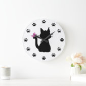 黒猫のシルエット ピンクの蝶 ラージ壁時計 (ホーム)