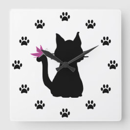 黒猫のシルエット ピンクの蝶 ラージ壁時計