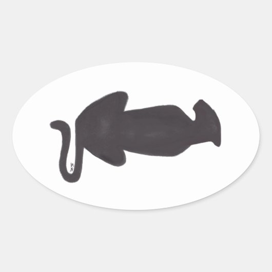 黒猫のシルエット 白いオーバルステッカー 楕円形シール (正面)