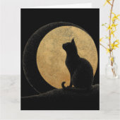 黒猫のシルエット 黄金の月を背景に カード (黄色い花)