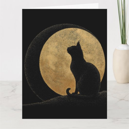 黒猫のシルエット 黄金の月を背景に カード (正面)