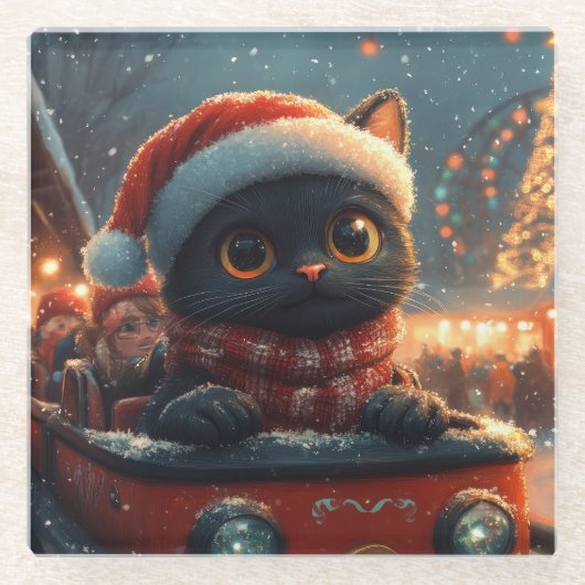 黒猫のジェットコースター クリスマス ガラスコースター (正面)