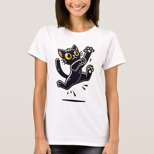 黒猫のジャンピング カートゥーン Tシャツ (正面)
