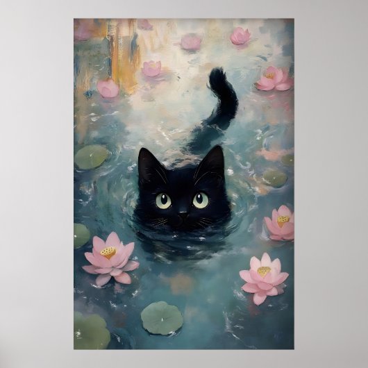 黒猫のスイレンのプリント、水の中の猫の暗色の絵 ポスター (正面)