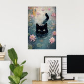 黒猫のスイレンのプリント、水の中の猫の暗色の絵 ポスター (ホームオフィス)