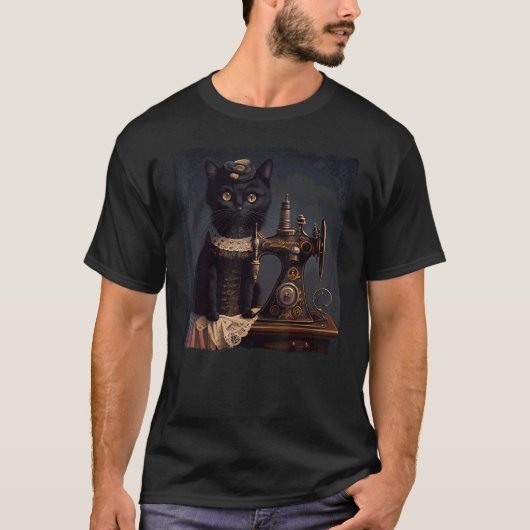 黒猫のステアンプンク縫製 Tシャツ (正面)