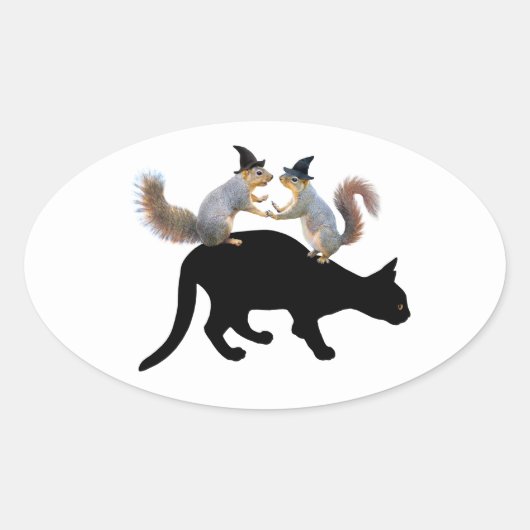 黒猫のステッカーに魔女リス 楕円形シール (正面)