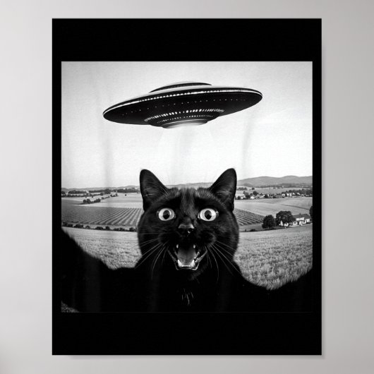 黒猫のセルフィーUFOエイリアン おもしろギフト 男性向け ポスター (正面)