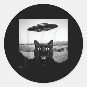 黒猫のセルフィーUFOエイリアン おもしろギフト 男性向け ラウンドシール