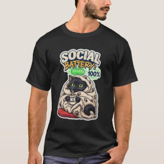 黒猫のソーシャルバッテリー100% フル充電 Tシャツ