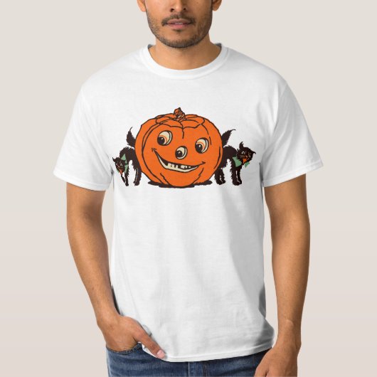 黒猫のティーを持つ40年代ハロウィンジャックO'Lantern Tシャツ (正面)