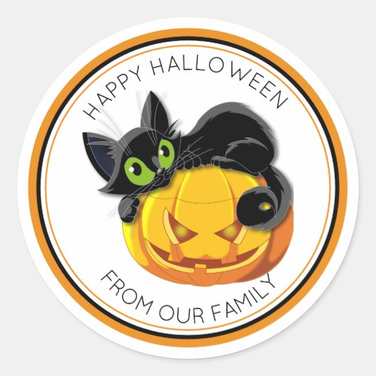 黒猫のトリックまたはトリートメント&怖いカボチャのハロウィン ラウンドシール (正面)