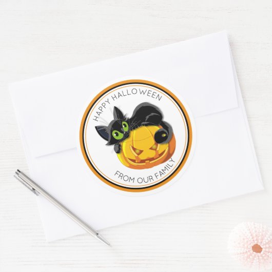 黒猫のトリックまたはトリートメント&怖いカボチャのハロウィン ラウンドシール (封筒)