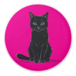 黒猫のドアプルハンドル セラミックノブ