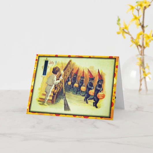 黒猫のハロウィンすてきヴィンテージ カード (黄色い花)