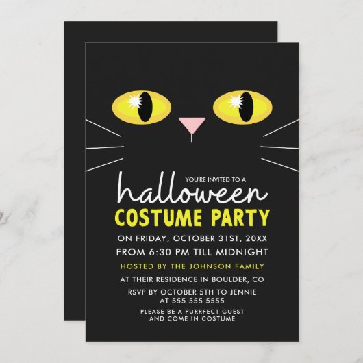 黒猫のハロウィンの衣裳のパーティー 招待状 (正面/裏面)