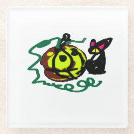 黒猫のハロウィンアート ガラスコースター