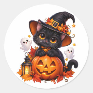 黒猫のハロウィンパンプキンステッカー ラウンドシール