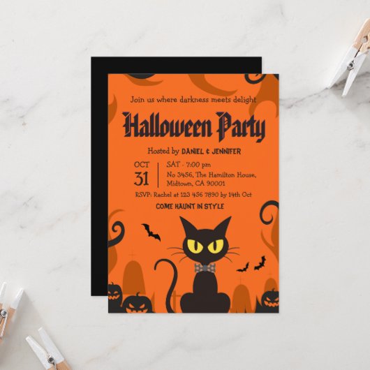 黒猫のハロウィンパーティー ゴーストパンプキン スプーキー 招待状 (正面/裏面インサイチュ)