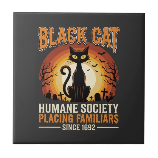 黒猫のハロウィンファミリア ヴィンテージ墓地デザイン タイル (正面)
