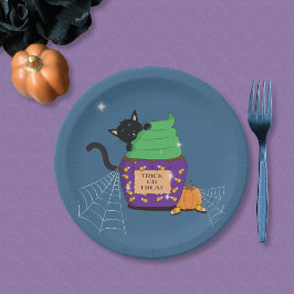 黒猫のハロウィン青い紙皿 ペーパープレート