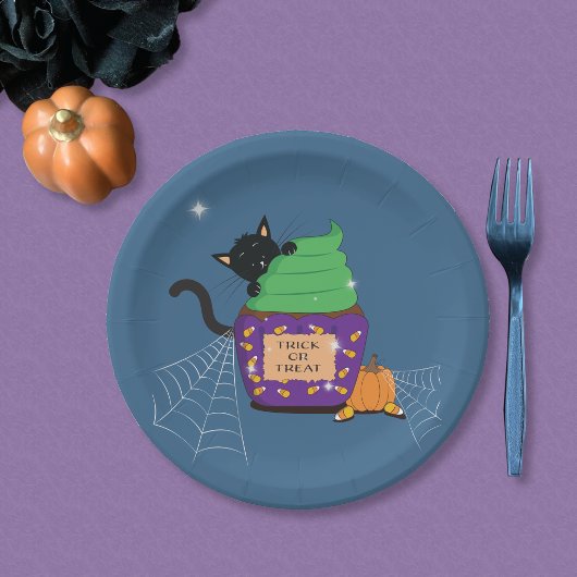 黒猫のハロウィン青い紙皿 ペーパープレート