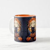 黒猫のハロウィーンのシーン ツートーンマグカップ (正面左)