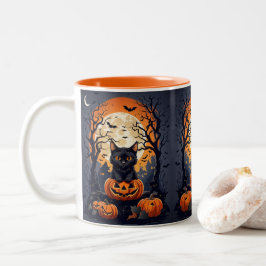 黒猫のハロウィーンのシーン ツートーンマグカップ
