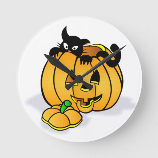 黒猫のハロウィーンカボチャ ラウンド壁時計 (正面)