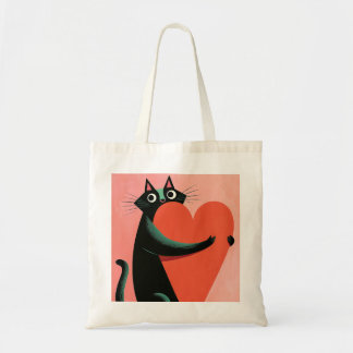黒猫のハート抱擁 レトロ猫好きデザイン トートバッグ