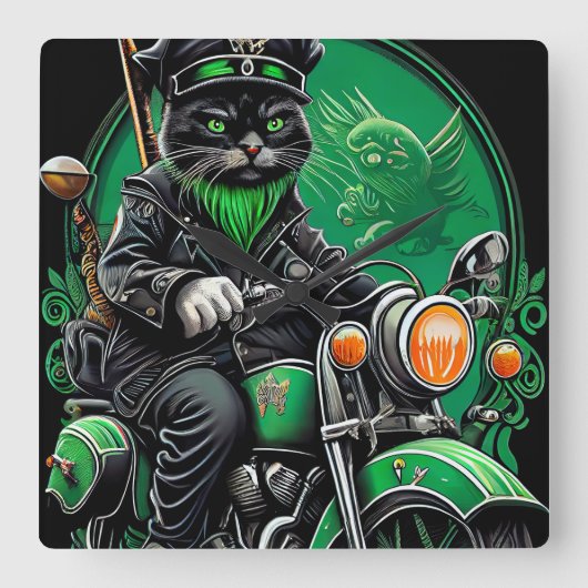 黒猫のバイク St. Patrick's Day スクエア壁時計 (正面)