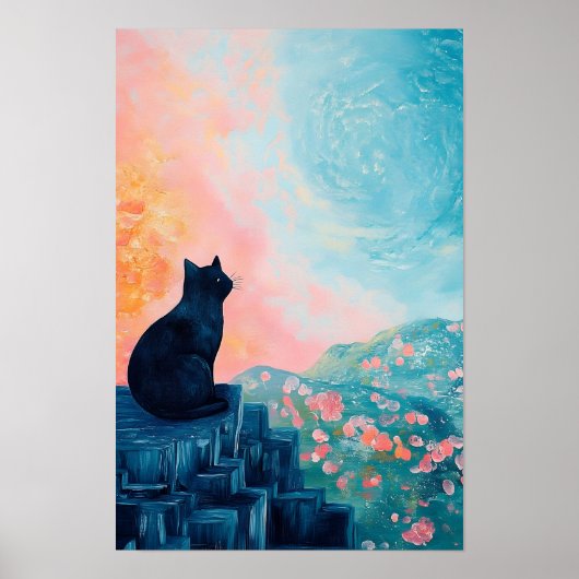 黒猫のバナナとフラワーベースの面白いデザイン ポスター (正面)