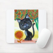 黒猫のヒマワリの花の木の水彩画 マウスパッド (マウス)