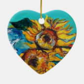 黒猫のヒマワリ青いターコイズハート セラミックオーナメント (裏面)