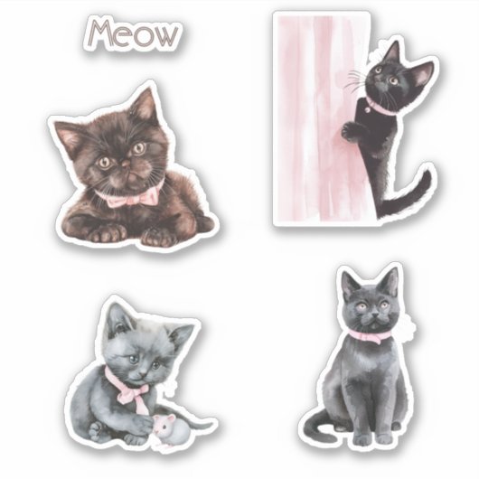 黒猫のピンクのリボン シール (正面)