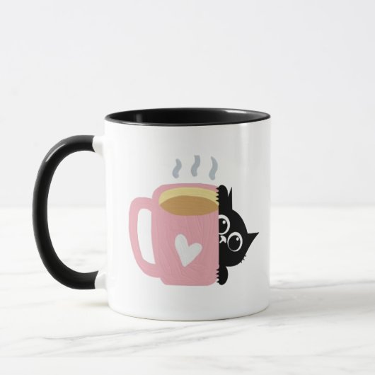 黒猫のピンクハートコーヒー好きマグ マグカップ (左)