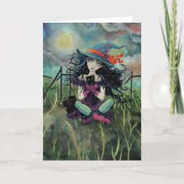 黒猫のファンタジーの芸術のハロウィンの魔法使い カード