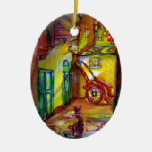 黒猫のフィレンツェの中世の路地 セラミックオーナメント (正面)