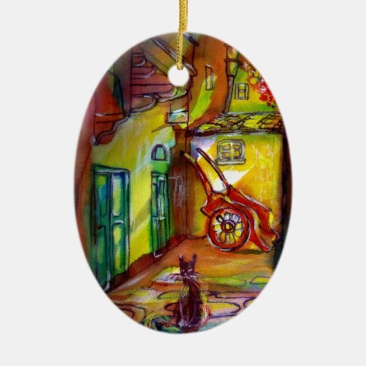 黒猫のフィレンツェの中世の路地 セラミックオーナメント (正面)