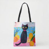 黒猫のフルーツと海の面白いデザイン トートバッグ (正面)