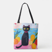黒猫のフルーツと海の面白いデザイン トートバッグ (裏面)