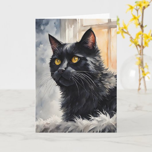 黒猫のポーズ窓の水彩画ポートレート カード (黄色い花)