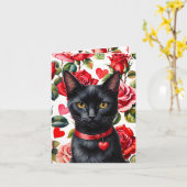 黒猫のマキシマリストバラとハートのPunバレンタイン カード (黄色い花)
