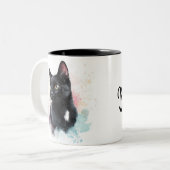 黒猫のマグカップにオリジナルテキストを追加 ツートーンマグカップ (正面左)