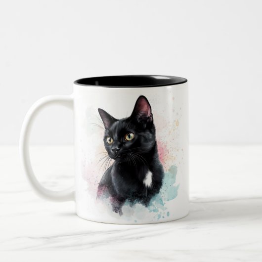 黒猫のマグカップにオリジナルテキストを追加 ツートーンマグカップ (左)