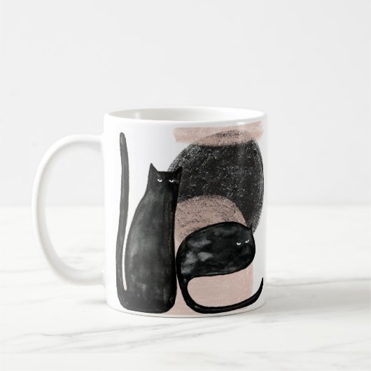 黒猫のミニマルイラスト、ネコ現代アート コーヒーマグカップ (左)