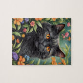 黒猫のロングヘア猫家族ペット肖像画 ジグソーパズル (横)