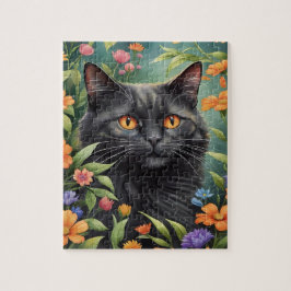 黒猫のロングヘア猫家族ペット肖像画 ジグソーパズル