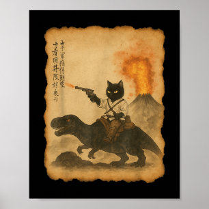 黒猫の侍が恐竜の噴火に乗り ポスター
